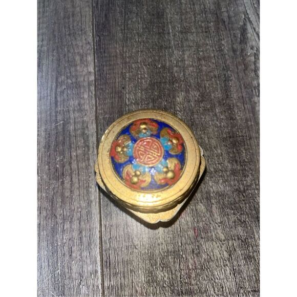Antique Chinese Brass Tea Jar Caddy Enameled Relief Market Scent Jar - Picture 8 of 8